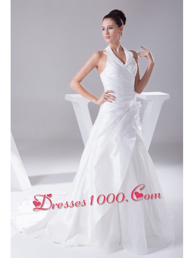 Court Train Ruching Halter A-Line Wedding Dress with Lace-up