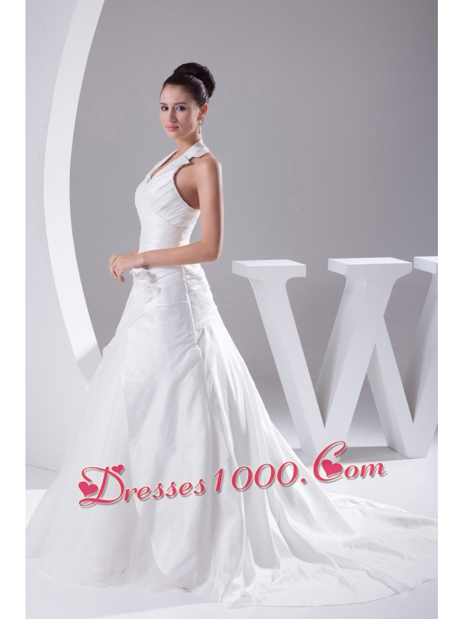 Court Train Ruching Halter A-Line Wedding Dress with Lace-up