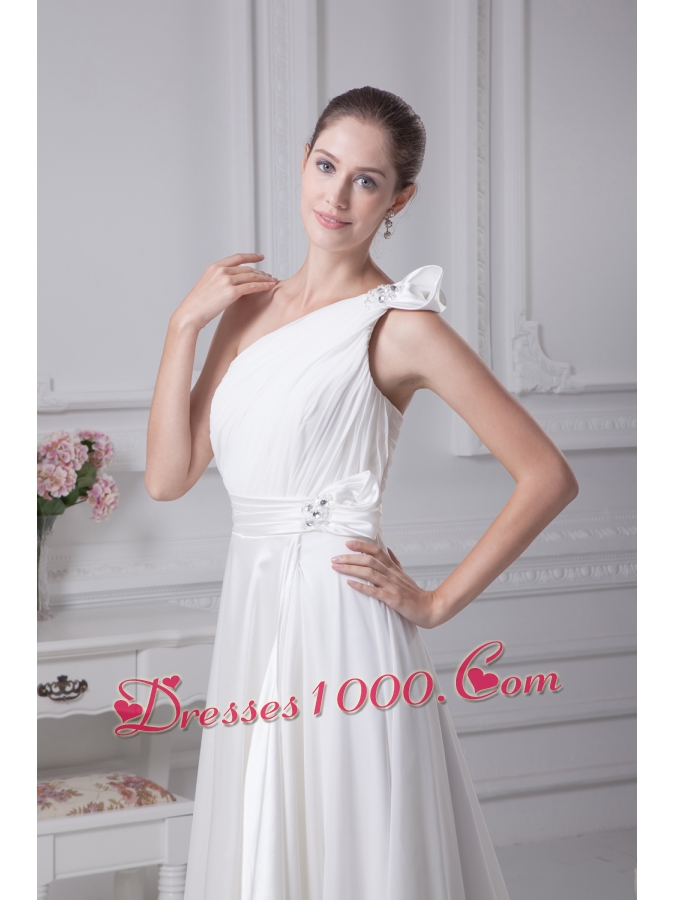Empire One Shoulder Ruching Beading Wedding Dress
