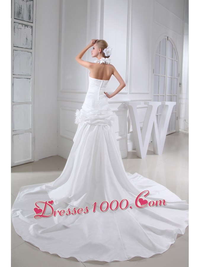 Hand Made Flowers Column Halter Chapel Train Wedding Dress