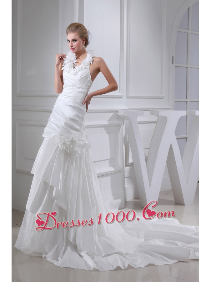 Hand Made Flowers Column Halter Chapel Train Wedding Dress