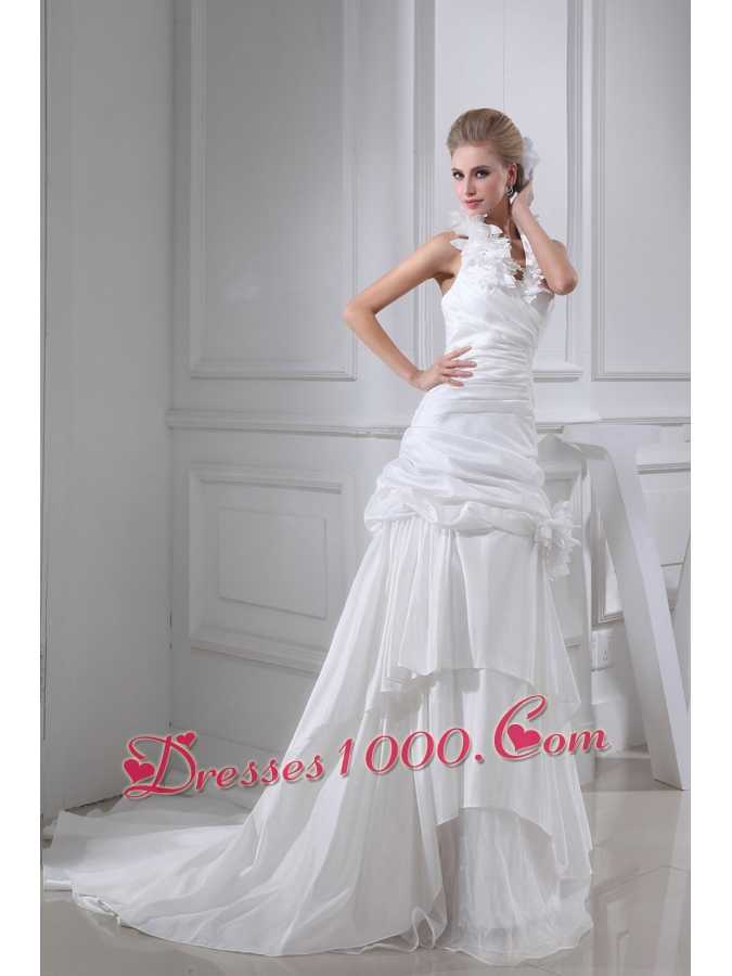 Hand Made Flowers Column Halter Chapel Train Wedding Dress