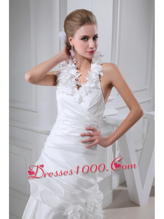 Hand Made Flowers Column Halter Chapel Train Wedding Dress