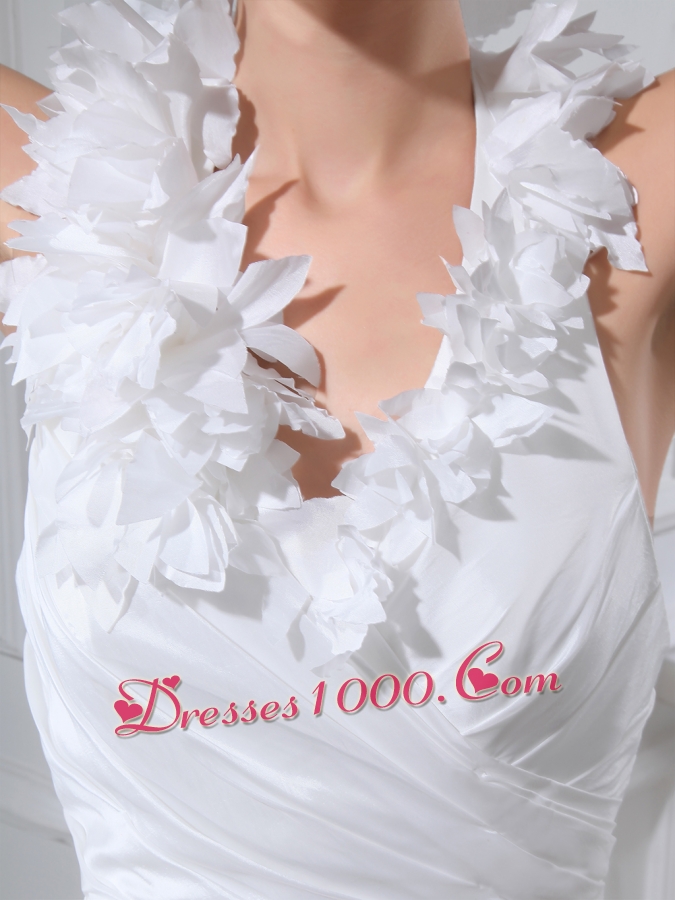 Hand Made Flowers Column Halter Chapel Train Wedding Dress