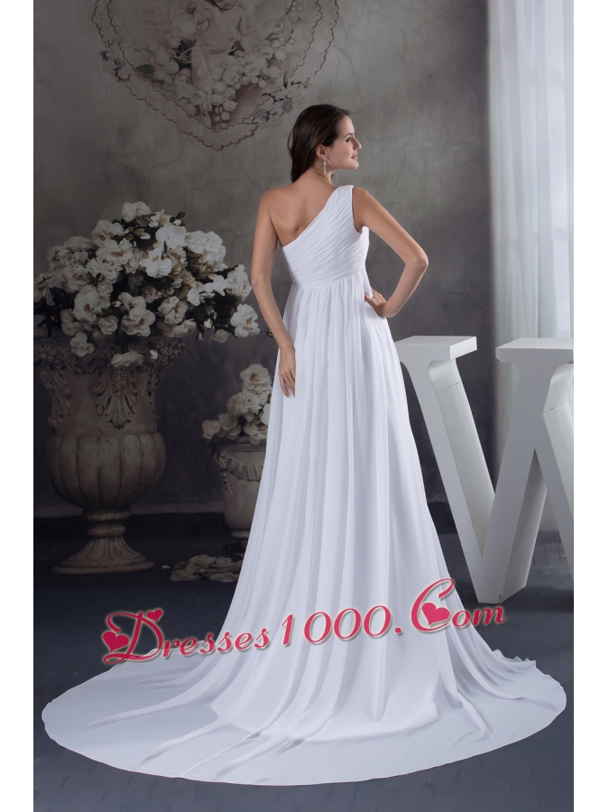 Hand Made Flowers Empire One Shoulder Court Train Wedding Dress