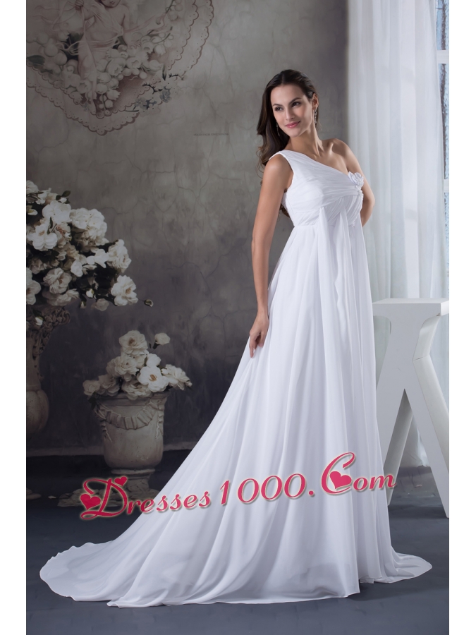 Hand Made Flowers Empire One Shoulder Court Train Wedding Dress