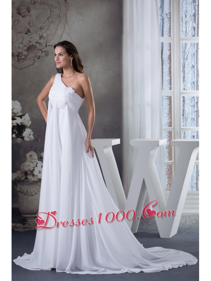 Hand Made Flowers Empire One Shoulder Court Train Wedding Dress
