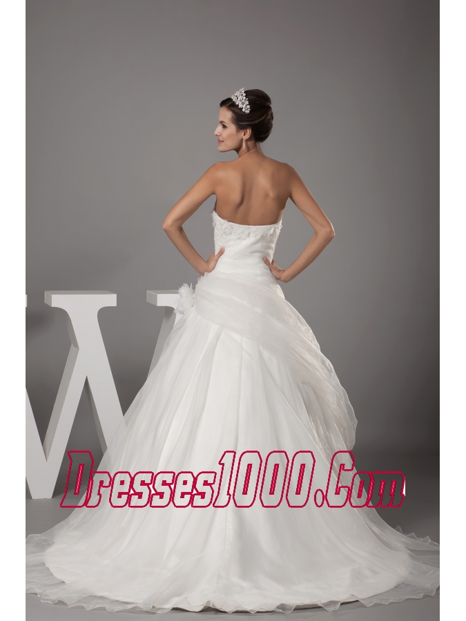 Hand Made Flowers Strapless Court Train Wedding Dress