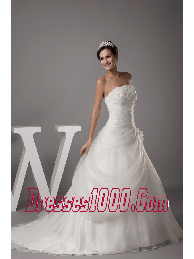 Hand Made Flowers Strapless Court Train Wedding Dress