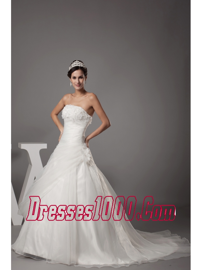Hand Made Flowers Strapless Court Train Wedding Dress