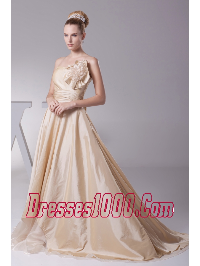 Hand Made Flowers Strapless Princess Wedding Dress With Brush Train