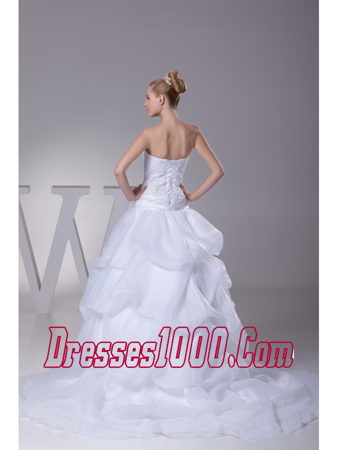 Lace and Pick Up Strapless Court Train A-Line Wedding Dress