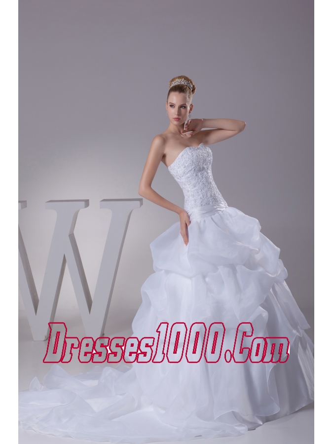 Lace and Pick Up Strapless Court Train A-Line Wedding Dress