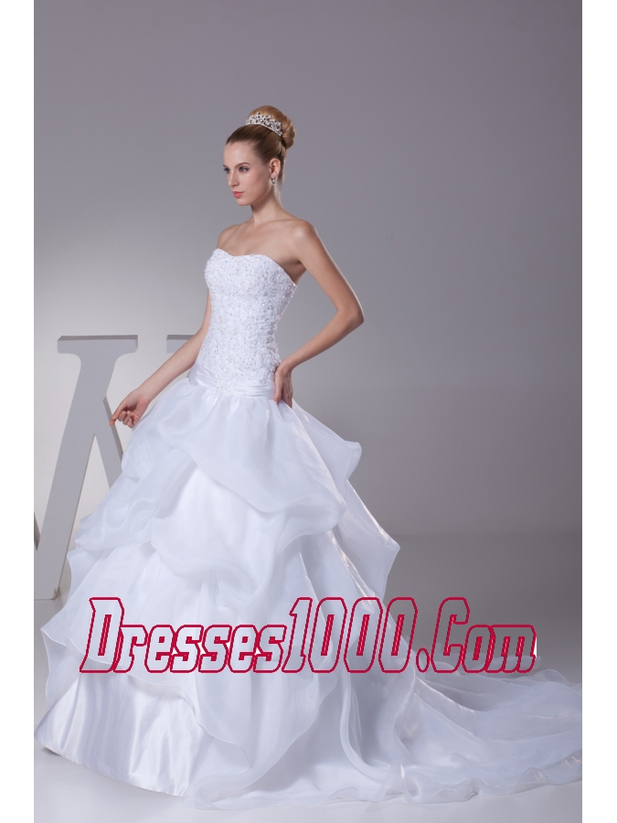 Lace and Pick Up Strapless Court Train A-Line Wedding Dress