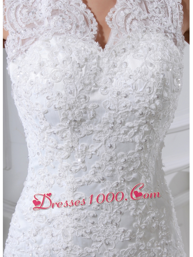 Lace Pick-ups V-neck Mermaid Chapel Train Wedding Dress