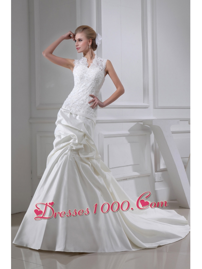 Lace Pick-ups V-neck Mermaid Chapel Train Wedding Dress