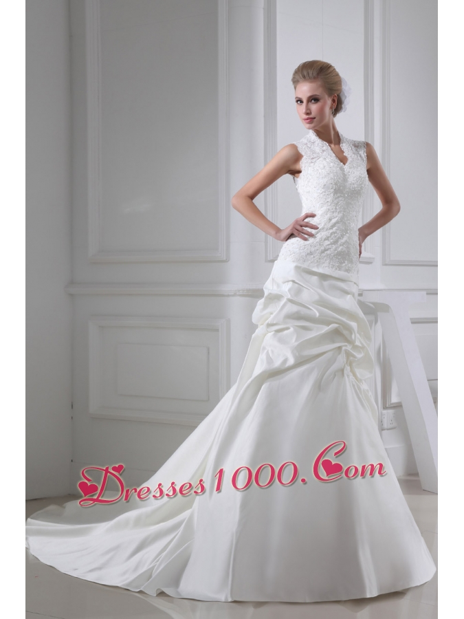 Lace Pick-ups V-neck Mermaid Chapel Train Wedding Dress