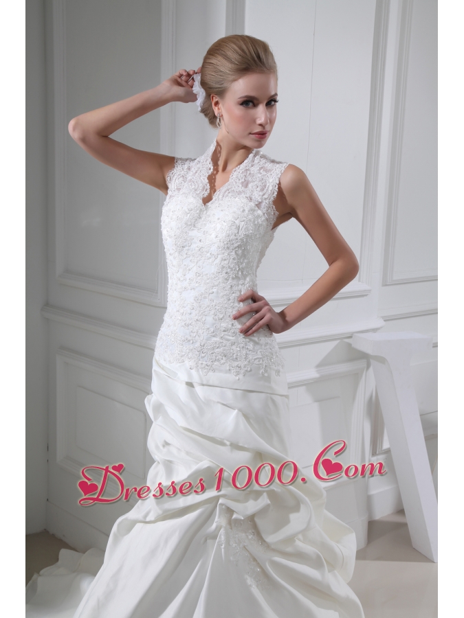 Lace Pick-ups V-neck Mermaid Chapel Train Wedding Dress
