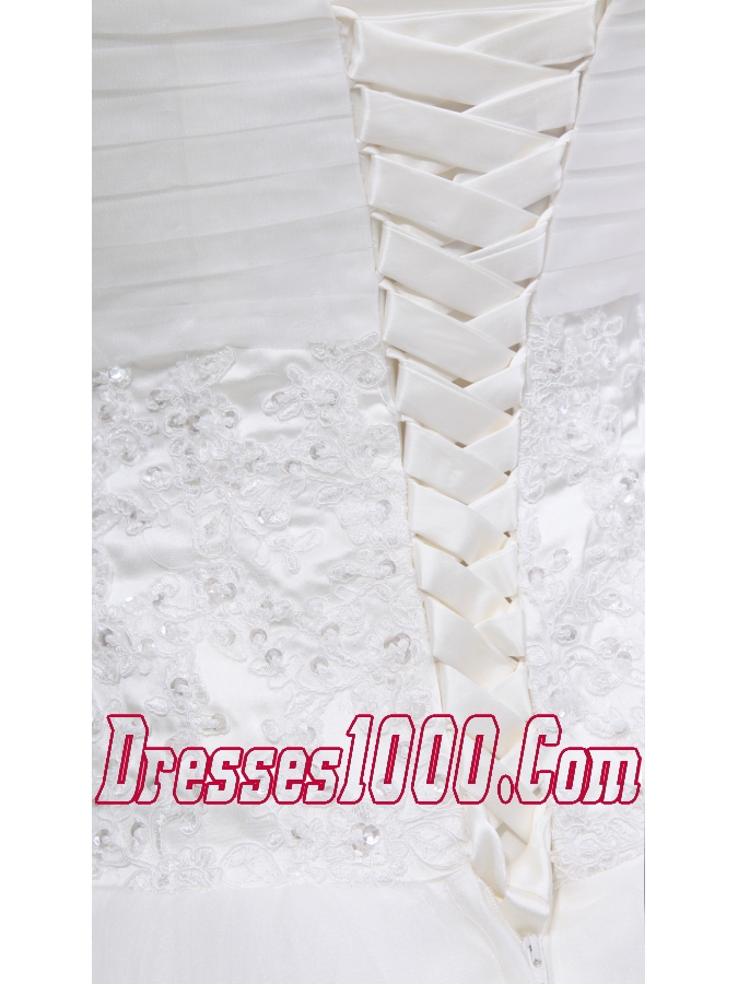 Lace Ruching Sweetheart A-line Chapel Train Wedding Dress