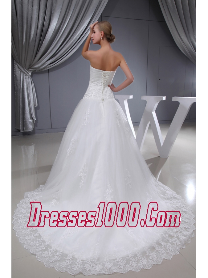 Lace Ruching Sweetheart A-line Chapel Train Wedding Dress