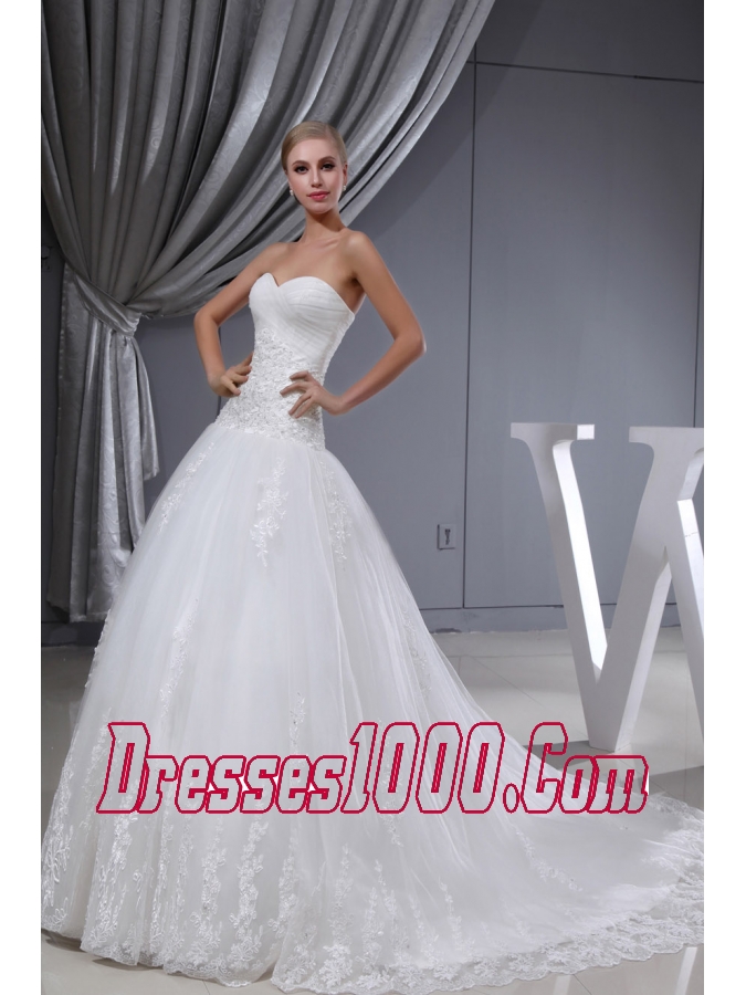Lace Ruching Sweetheart A-line Chapel Train Wedding Dress