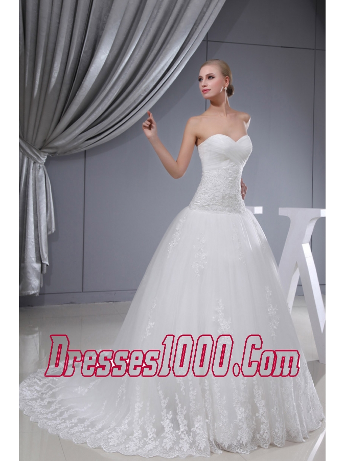 Lace Ruching Sweetheart A-line Chapel Train Wedding Dress