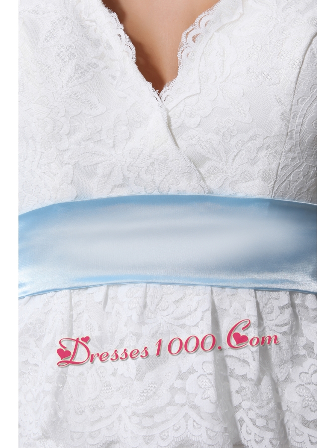 Lace V-neck Ruffled Layers Knee-length Wedding Dress