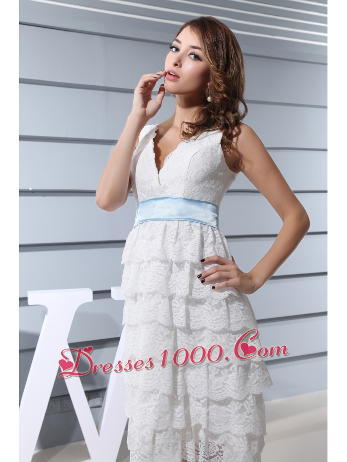 Lace V-neck Ruffled Layers Knee-length Wedding Dress