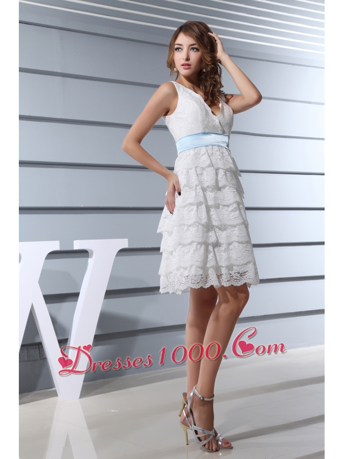 Lace V-neck Ruffled Layers Knee-length Wedding Dress