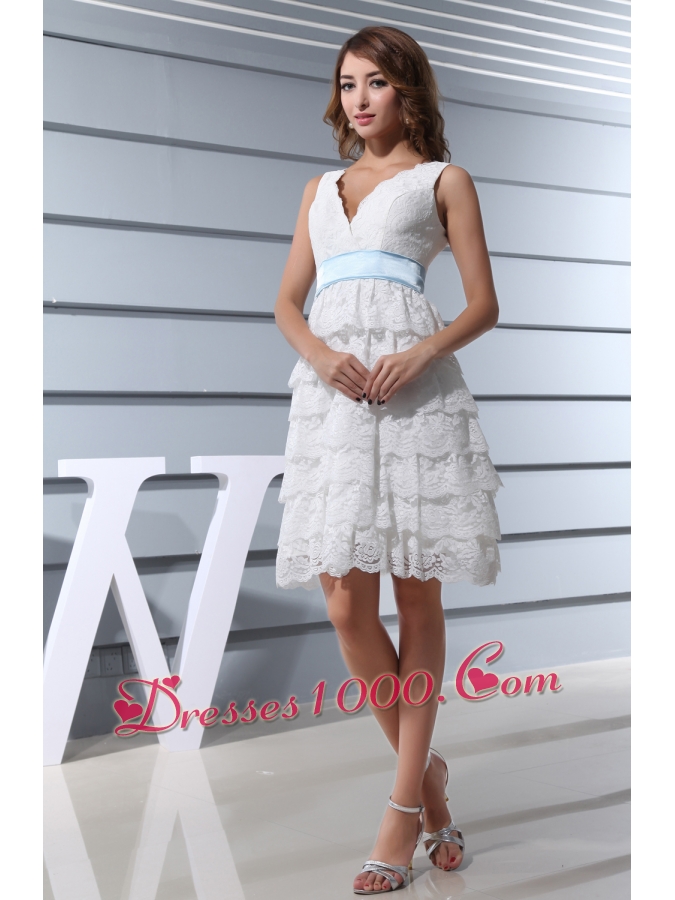 Lace V-neck Ruffled Layers Knee-length Wedding Dress