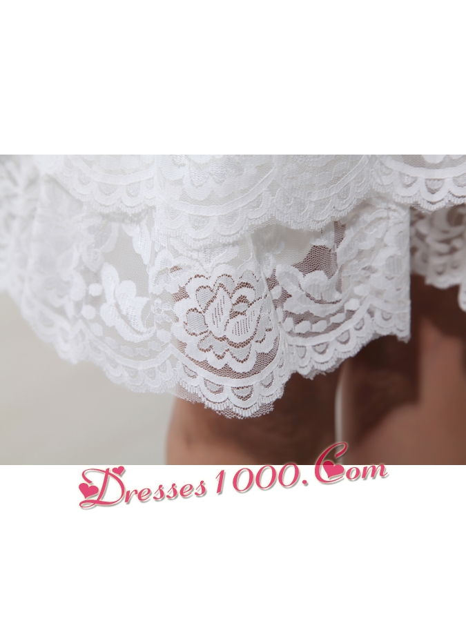 Lace V-neck Ruffled Layers Knee-length Wedding Dress