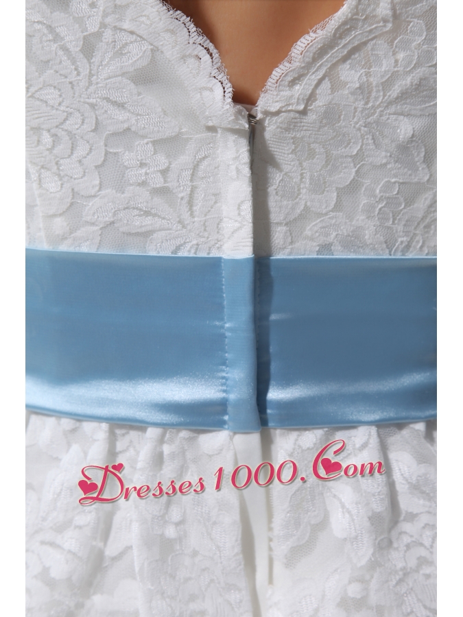 Lace V-neck Ruffled Layers Knee-length Wedding Dress