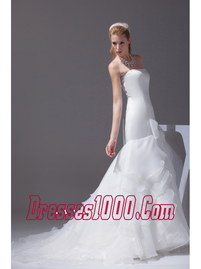 Mermaid Bow Beading Strapless Court Train Wedding Dress