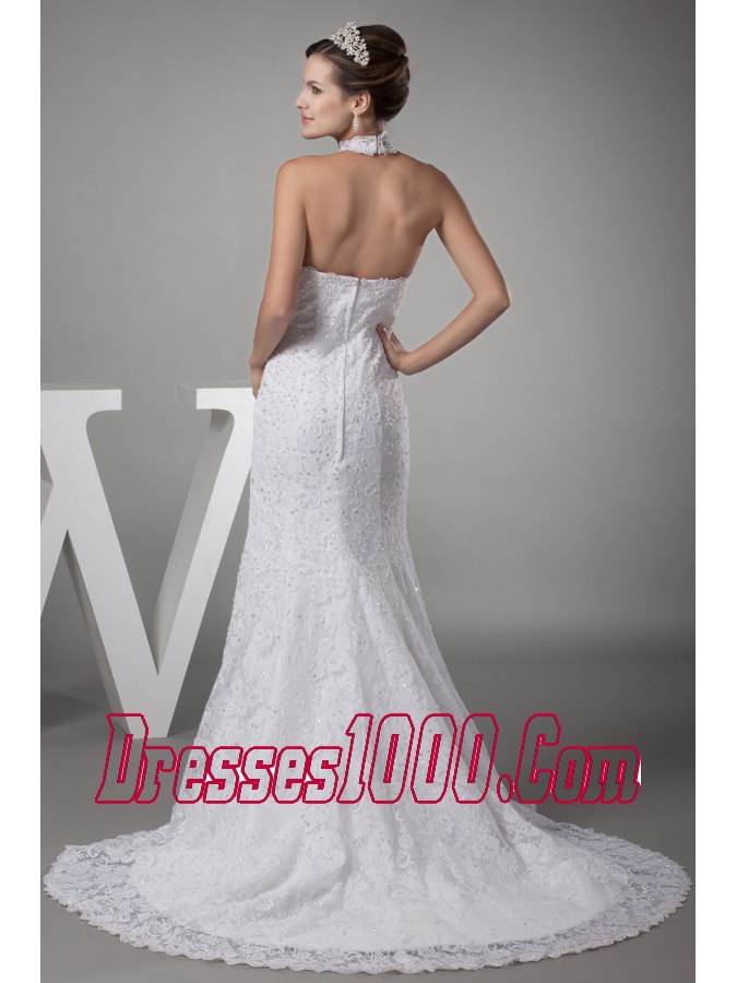 Mermaid Halter Top Lace Court Train Wedding Dress