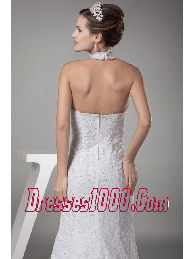 Mermaid Halter Top Lace Court Train Wedding Dress