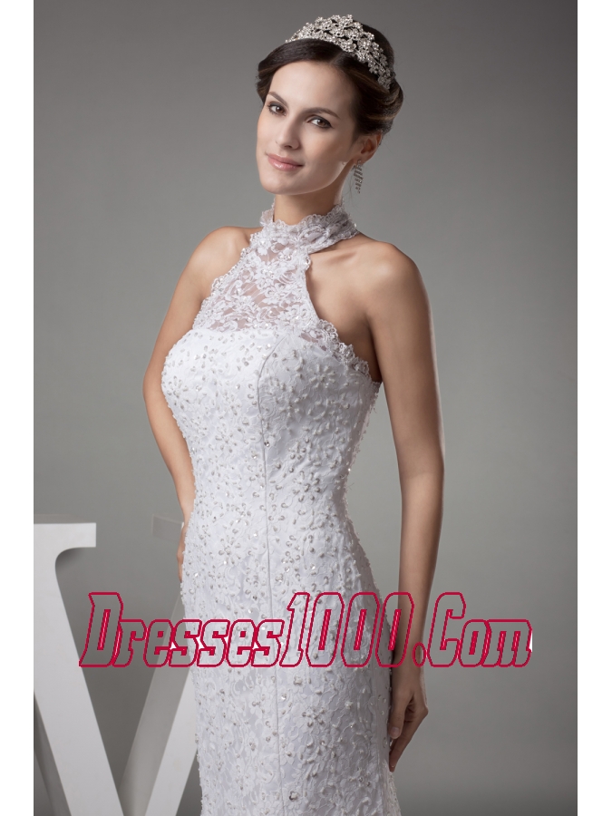 Mermaid Halter Top Lace Court Train Wedding Dress