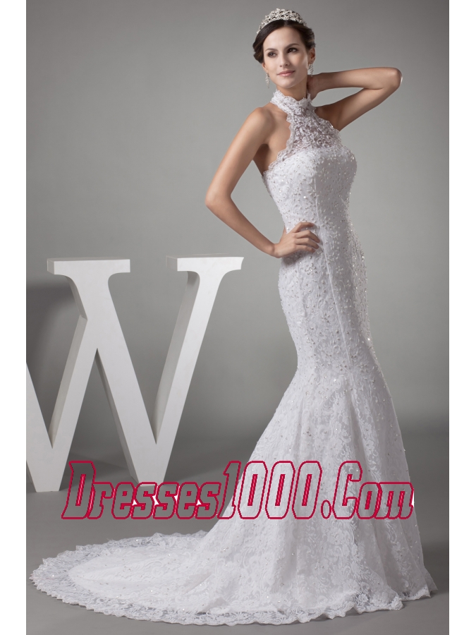 Mermaid Halter Top Lace Court Train Wedding Dress