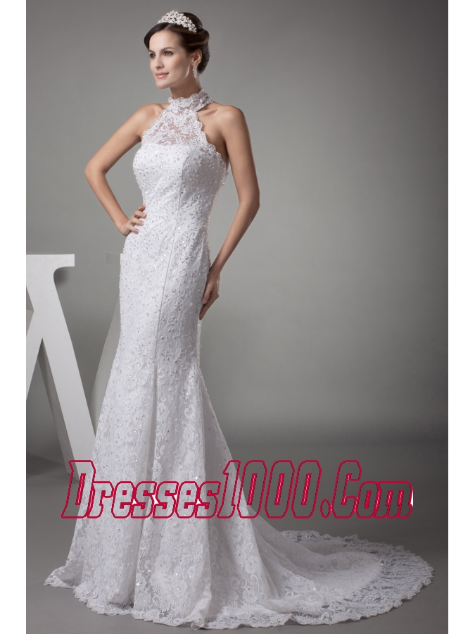Mermaid Halter Top Lace Court Train Wedding Dress