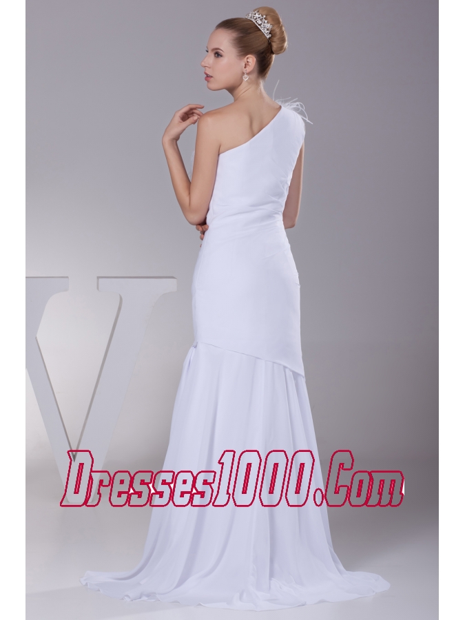 One Shoulder Chiffon Mermaid Feather Brush Train Wedding Dress