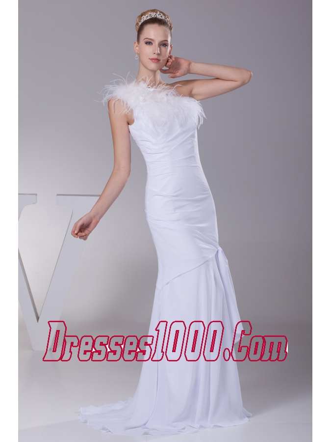 One Shoulder Chiffon Mermaid Feather Brush Train Wedding Dress