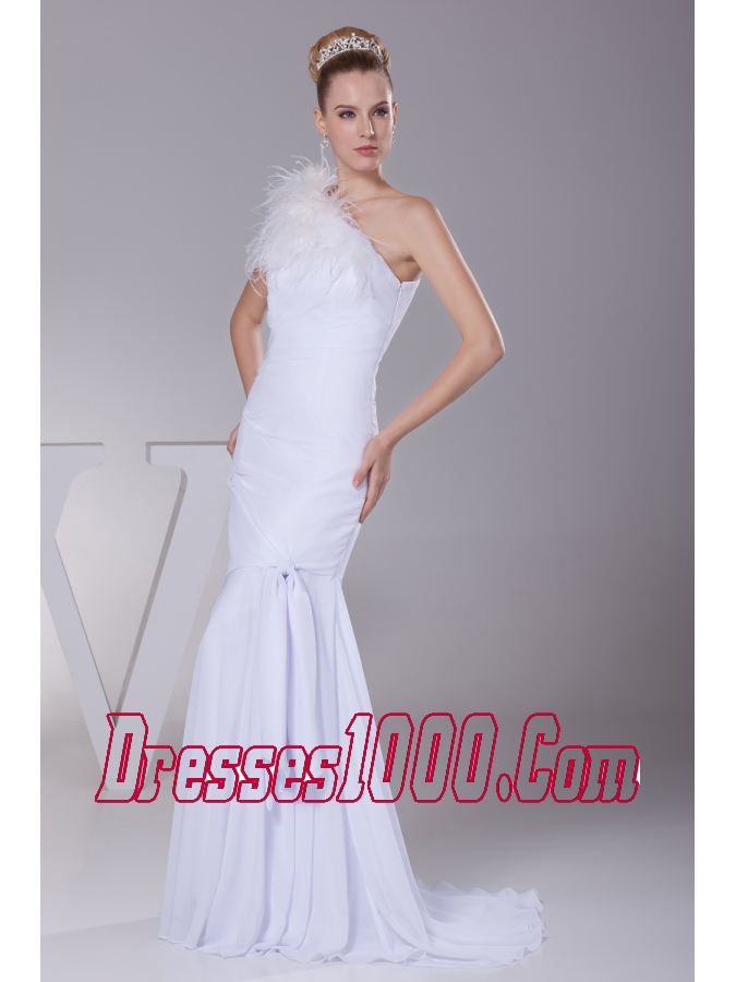One Shoulder Chiffon Mermaid Feather Brush Train Wedding Dress