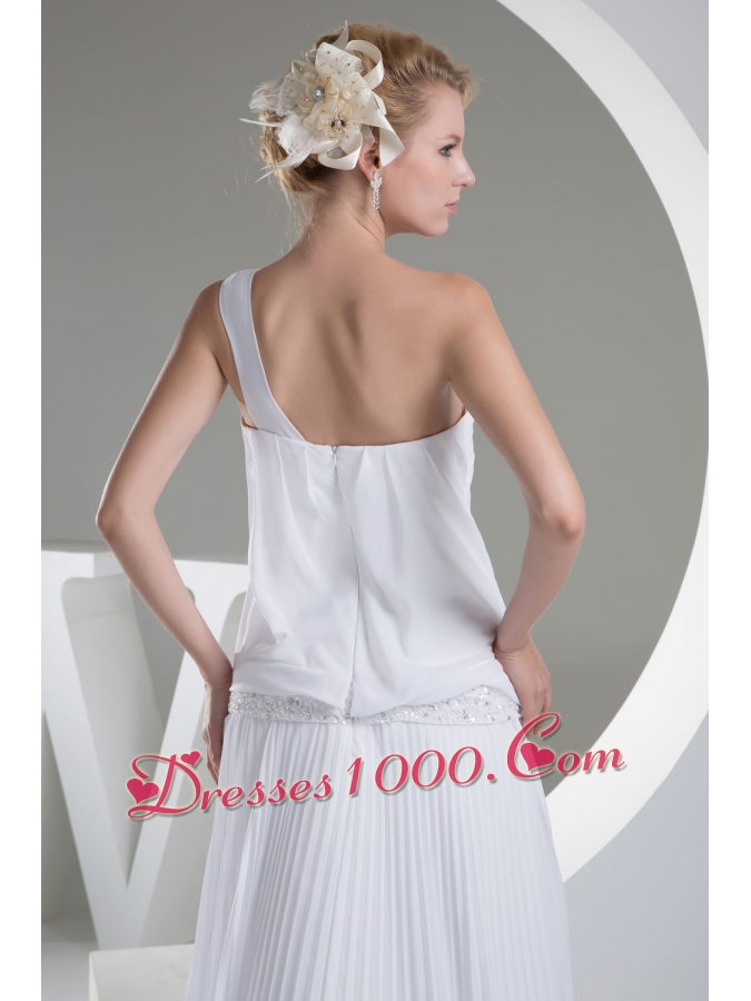 One Shoulder Pleats Brush Train A-line Wedding Dress