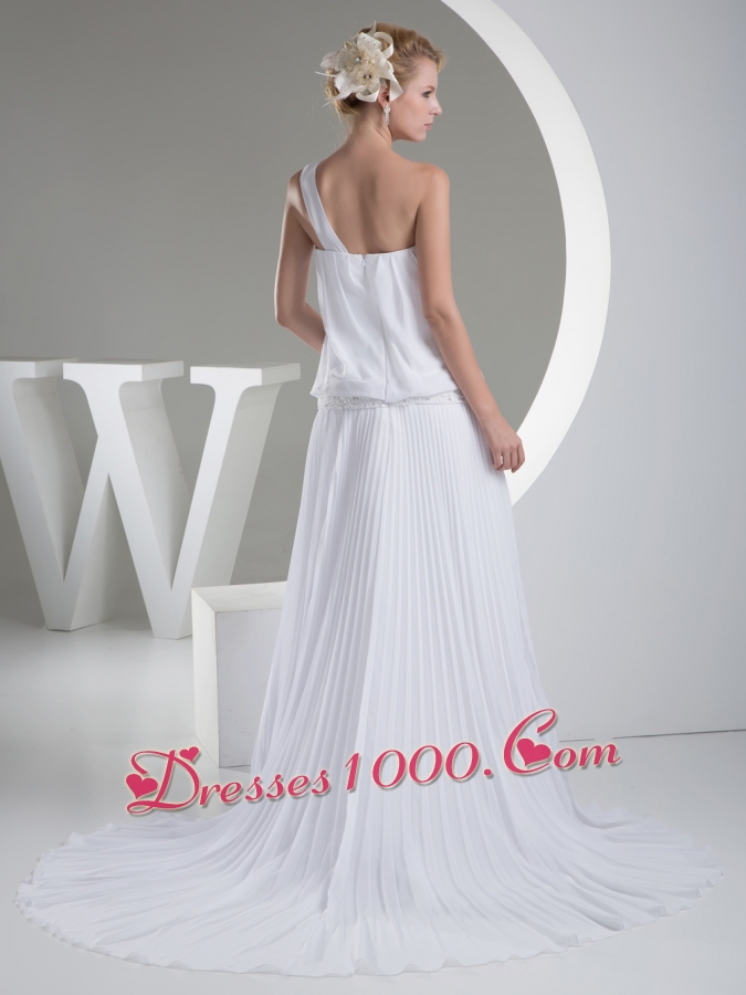 One Shoulder Pleats Brush Train A-line Wedding Dress