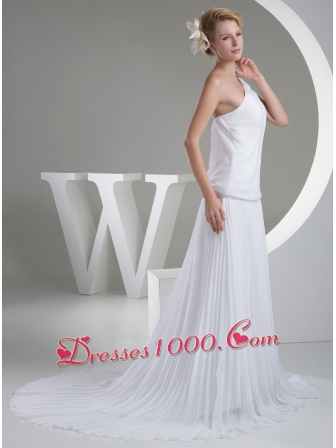One Shoulder Pleats Brush Train A-line Wedding Dress