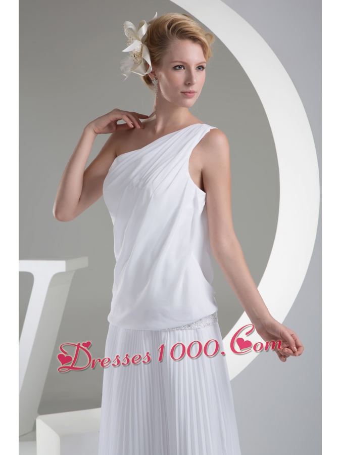 One Shoulder Pleats Brush Train A-line Wedding Dress