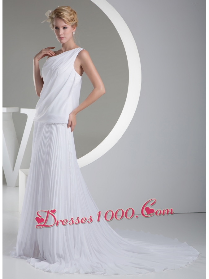One Shoulder Pleats Brush Train A-line Wedding Dress