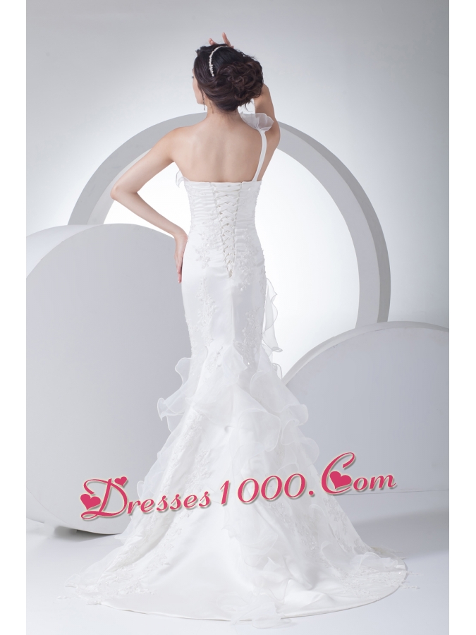One Shoulder Ruffles Mermaid Appliques Wedding Dress