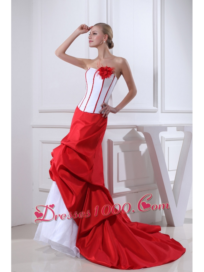 Pick-ups Mermaid Strapless Hand Made Flower Court Train Red Wedding Dress
