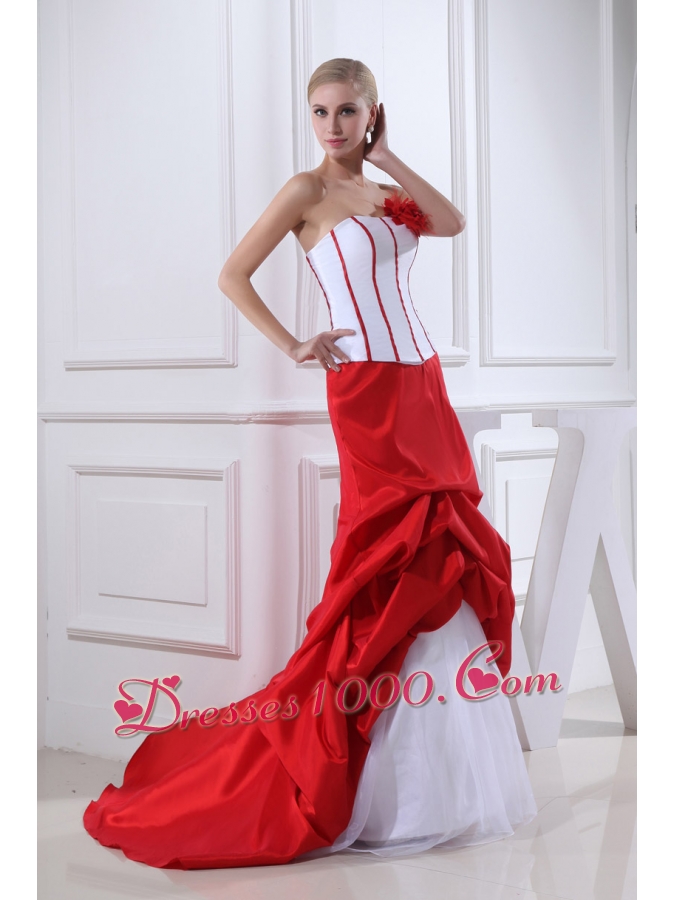 Pick-ups Mermaid Strapless Hand Made Flower Court Train Red Wedding Dress