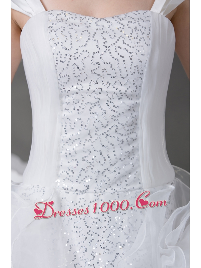 Princess Cap Sleeves Sequins Hand Made Flowers Wedding Dress